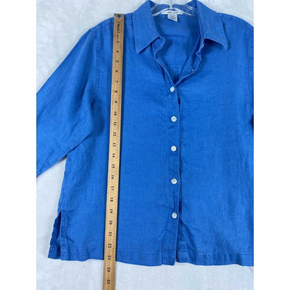 2/$30 Jillian Jones 100% Linen Shirt M Blue Button Front 3/4 Sleeve Lagen - Picture 4 of 14